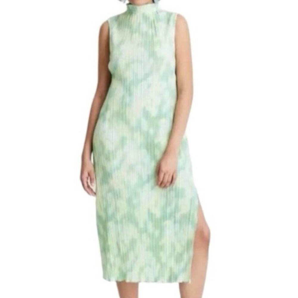 FUTURE COLLECTIVE Plisse Crinkle Midi Dress Sleeveless Green Watercolor - M NWT